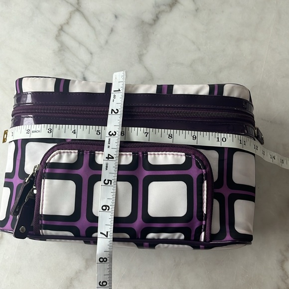 Sonia Kashuk travel bag double zippers train case top handle purple geometric - Picture 3 of 15